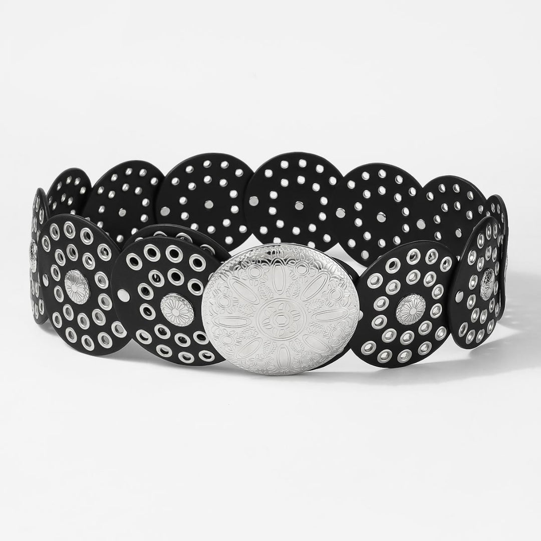 Cinturón de cuero para mujer con diseño hueco redondo retro - image 3