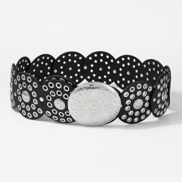 Cinturón de cuero para mujer con diseño hueco redondo retro - image 3