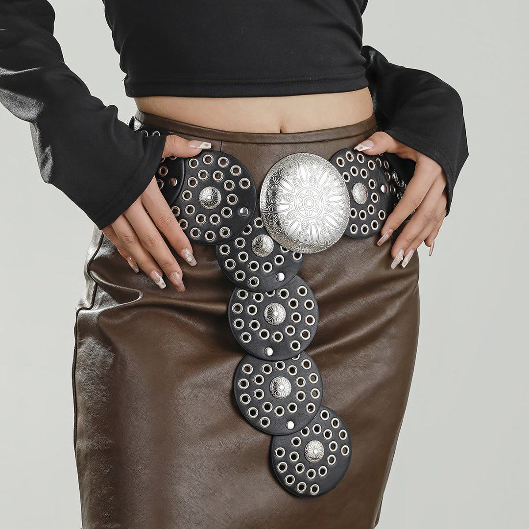 Cinturón de cuero para mujer con diseño hueco redondo retro - Negro - image 1