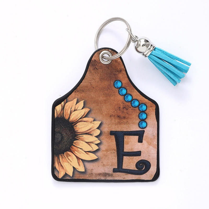 Llavero de cuero con borlas de girasol y letras de estilo occidental - E - image 7