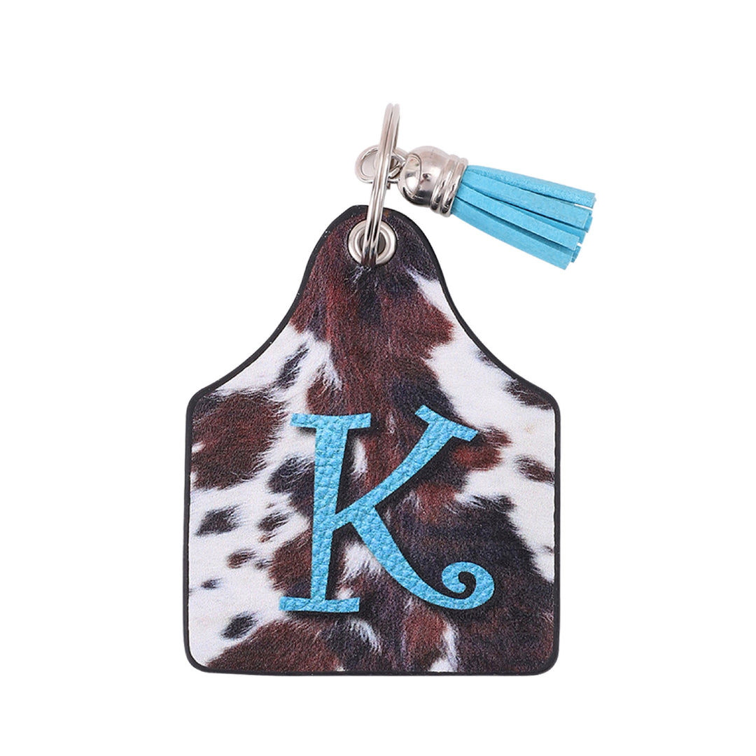 Llavero de cuero con estampado de vaca de granja del oeste vintage y letras impresas - K - image 11
