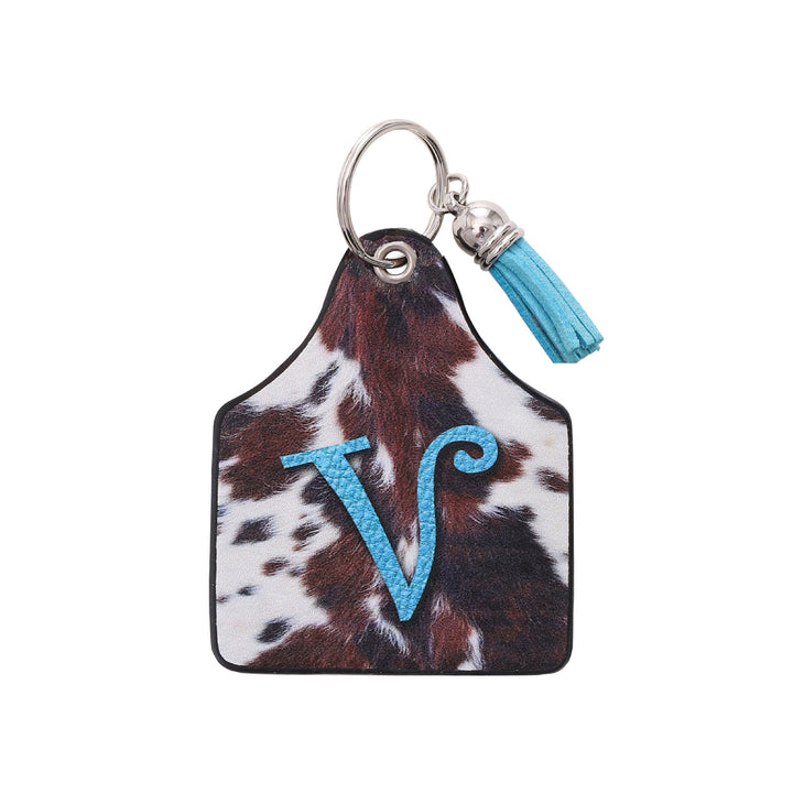 Llavero de cuero con estampado de vaca de granja del oeste vintage y letras impresas - V - image 19