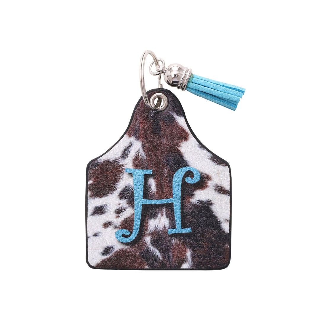 Llavero de cuero con estampado de vaca de granja del oeste vintage y letras impresas - H - image 10
