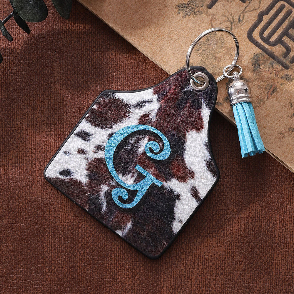 Llavero de cuero con estampado de vaca de granja del oeste vintage y letras impresas - image 2