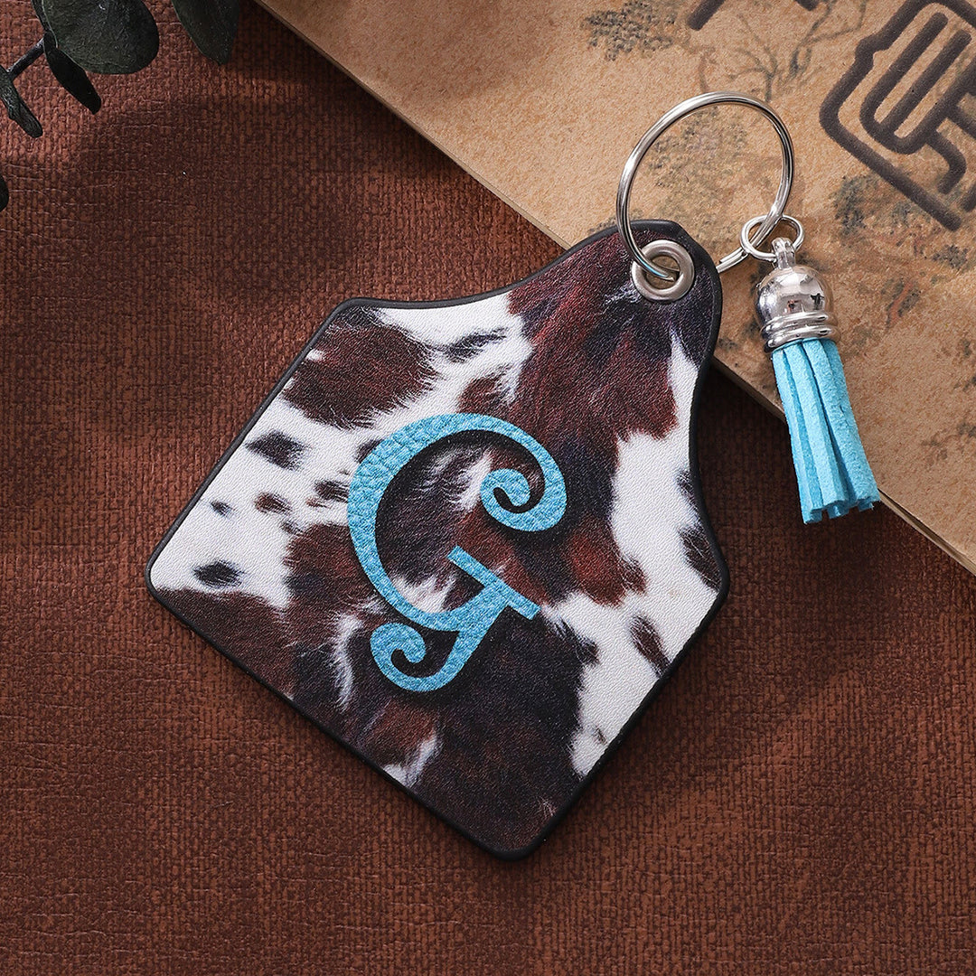 Llavero de cuero con estampado de vaca de granja del oeste vintage y letras impresas - image 2