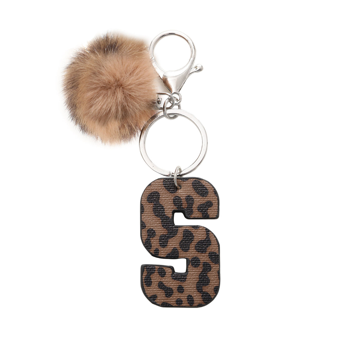 Llavero de cuero con letras y estampado de leopardo estilo occidental con bola de peluche - S - image 21