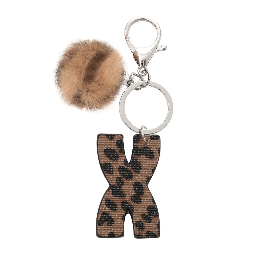 Llavero de cuero con letras y estampado de leopardo estilo occidental con bola de peluche - X - image 26