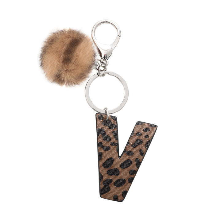 Llavero de cuero con letras y estampado de leopardo estilo occidental con bola de peluche - V - image 24