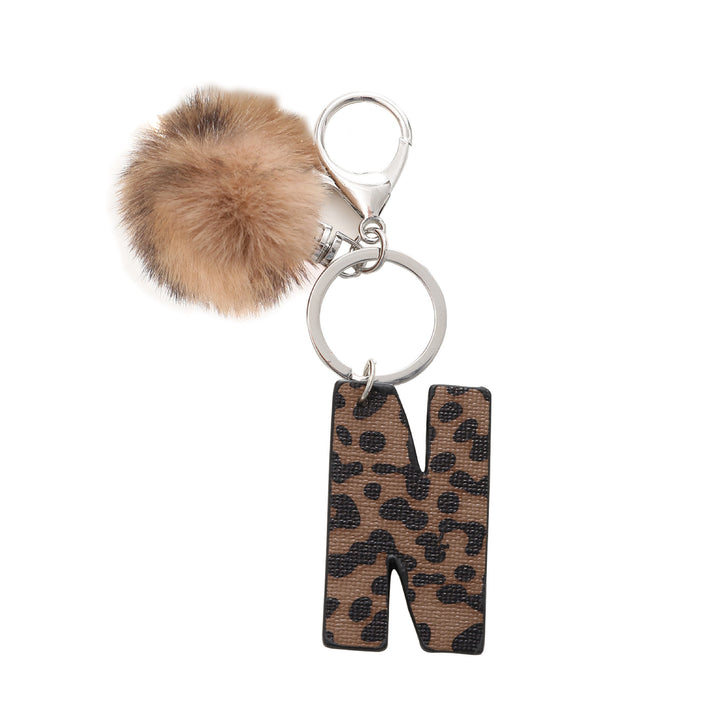 Llavero de cuero con letras y estampado de leopardo estilo occidental con bola de peluche - N - image 15