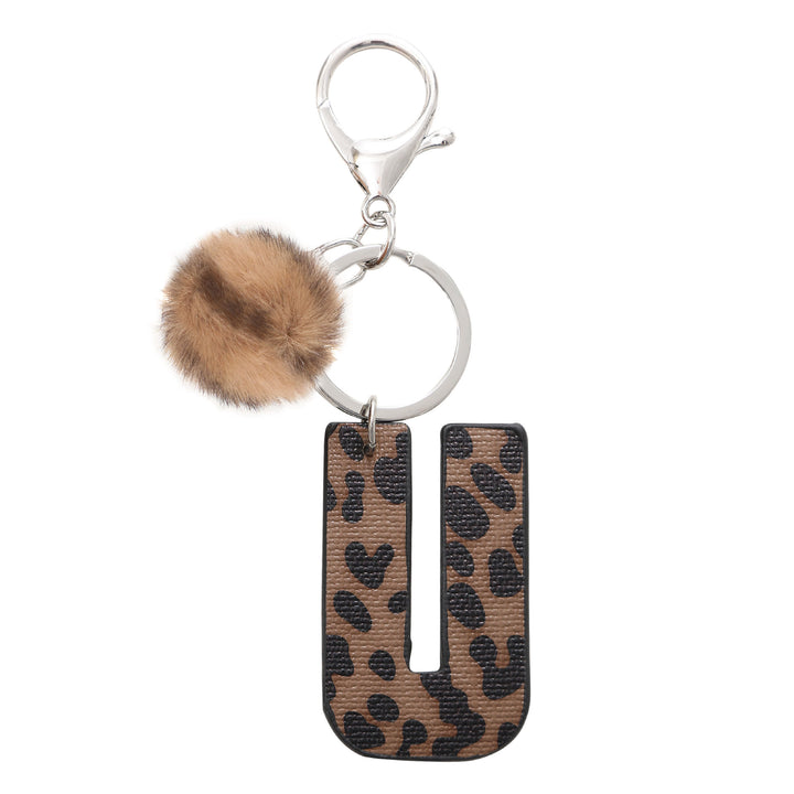 Llavero de cuero con letras y estampado de leopardo estilo occidental con bola de peluche - U - image 22