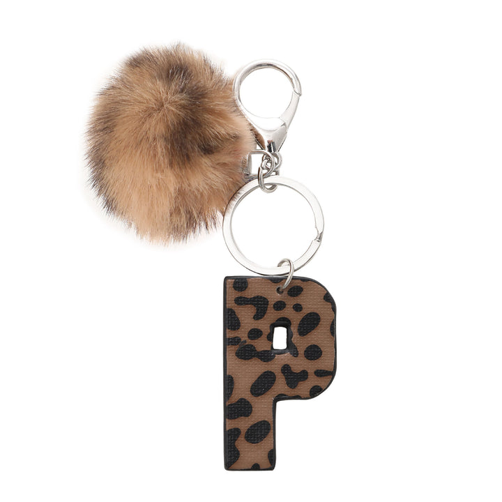 Llavero de cuero con letras y estampado de leopardo estilo occidental con bola de peluche - P - image 17