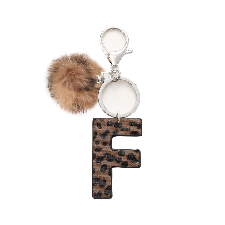 Llavero de cuero con letras y estampado de leopardo estilo occidental con bola de peluche - F - image 7