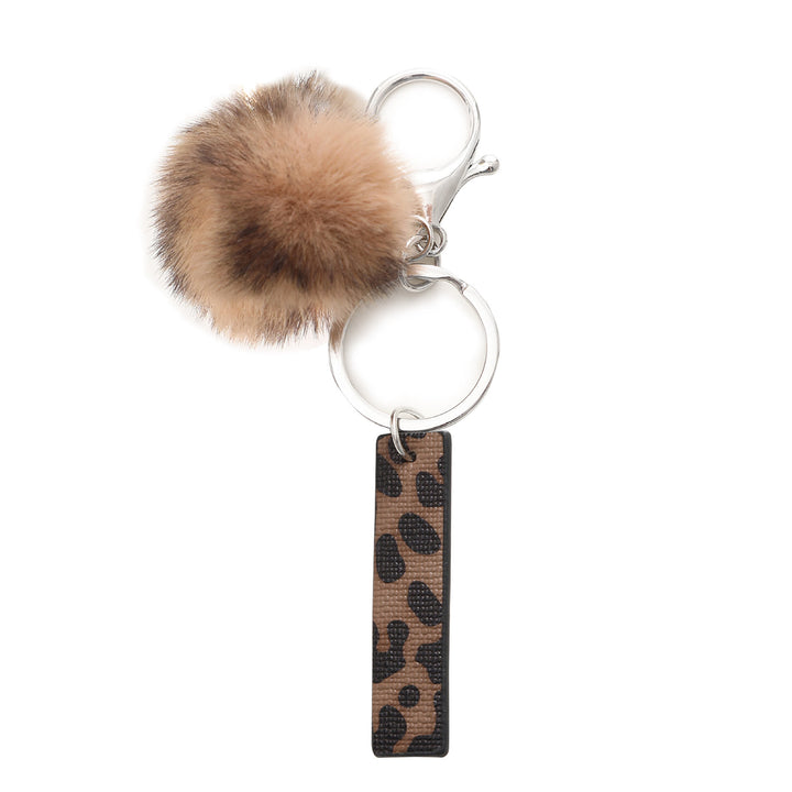 Llavero de cuero con letras y estampado de leopardo estilo occidental con bola de peluche - I - image 11