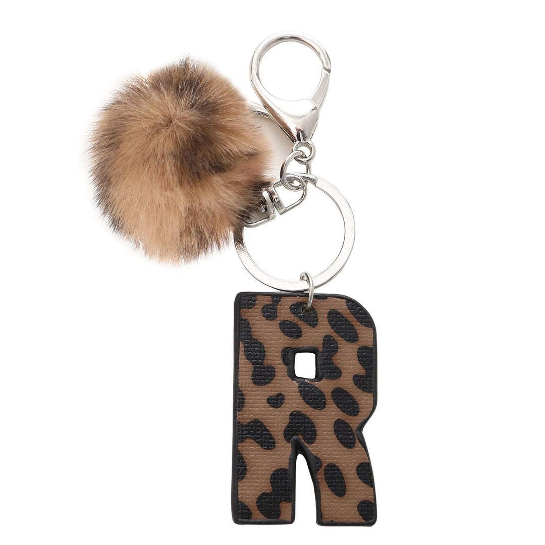 Llavero de cuero con letras y estampado de leopardo estilo occidental con bola de peluche - R - image 20