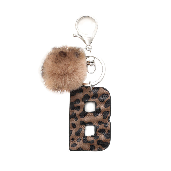 Llavero de cuero con letras y estampado de leopardo estilo occidental con bola de peluche - B - image 4