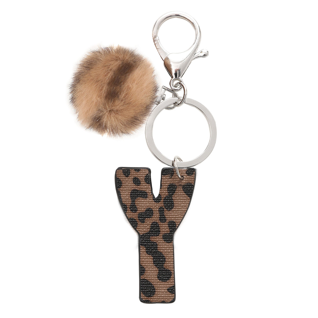 Llavero de cuero con letras y estampado de leopardo estilo occidental con bola de peluche - Y - image 27