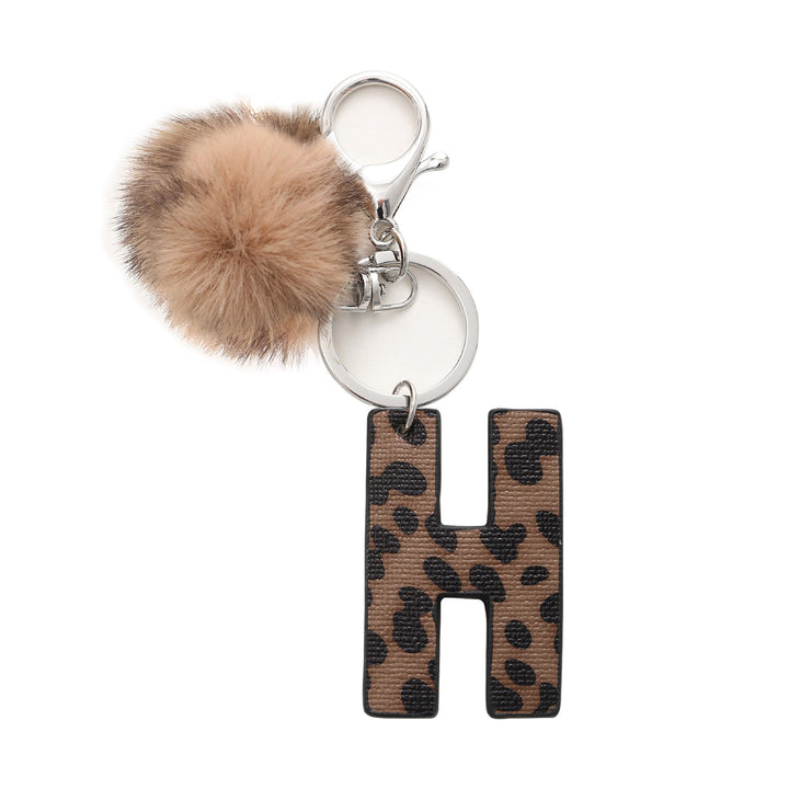 Llavero de cuero con letras y estampado de leopardo estilo occidental con bola de peluche - H - image 9