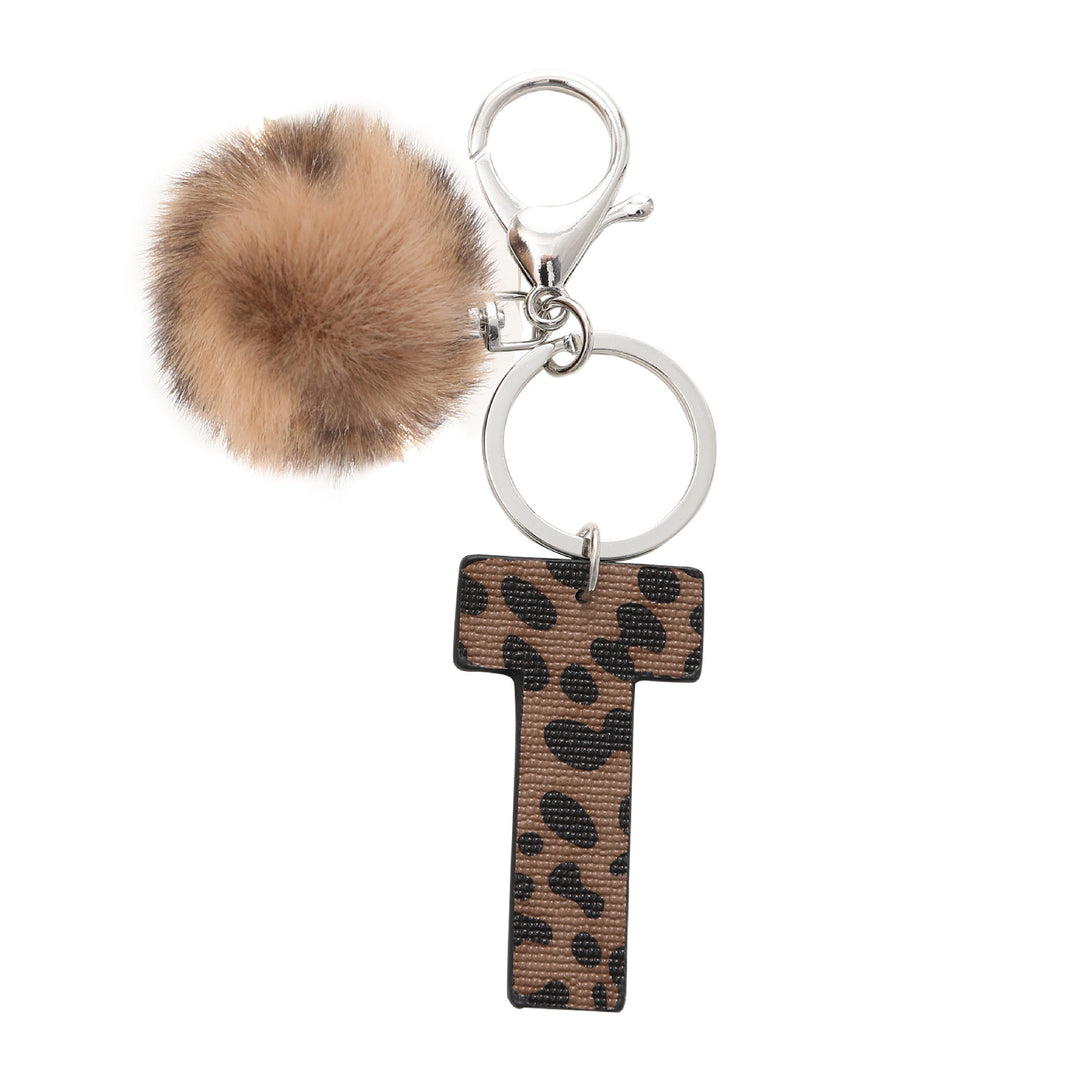 Llavero de cuero con letras y estampado de leopardo estilo occidental con bola de peluche - T - image 21
