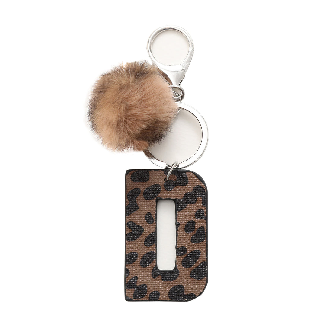 Llavero de cuero con letras y estampado de leopardo estilo occidental con bola de peluche - D - image 6