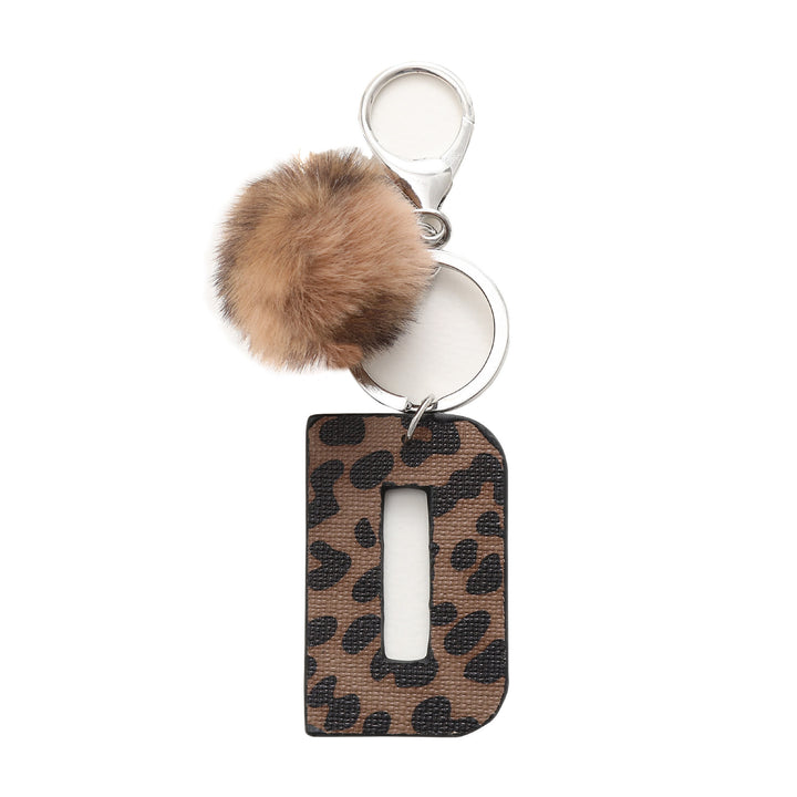 Llavero de cuero con letras y estampado de leopardo estilo occidental con bola de peluche - D - image 6