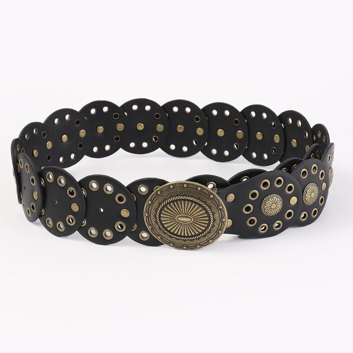 Cinturón de cuero negro redondo con empalme personalizado estilo retro occidental para mujer - image 3