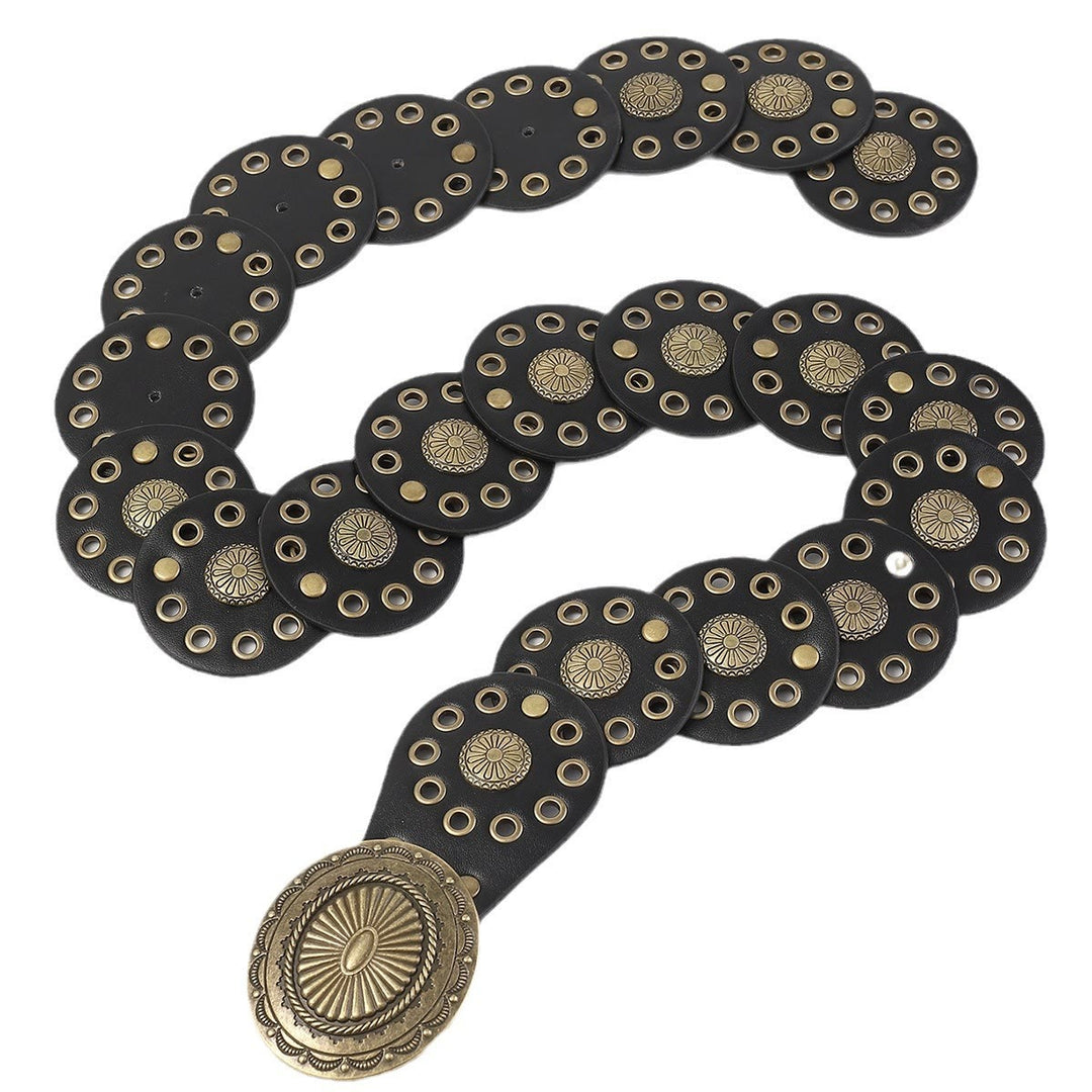 Cinturón de cuero negro redondo con empalme personalizado estilo retro occidental para mujer - image 4