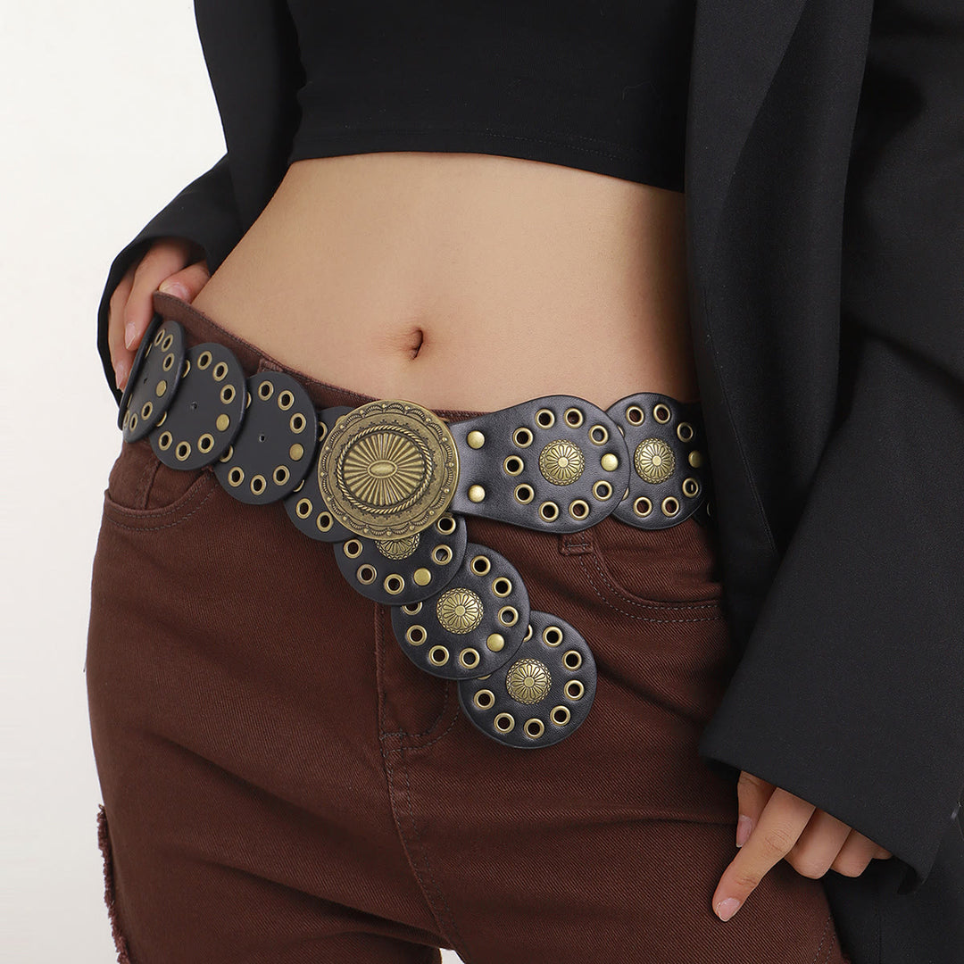 Cinturón de cuero negro redondo con empalme personalizado estilo retro occidental para mujer - Negro - image 1