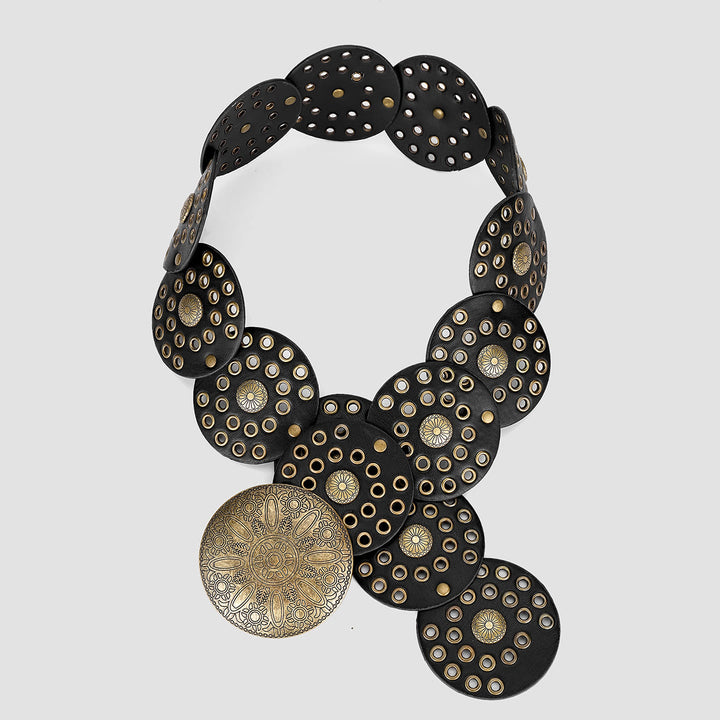 Cinturón de cuero para mujer con diseño circular hueco exagerado de estilo retro occidental - Negro - image 3