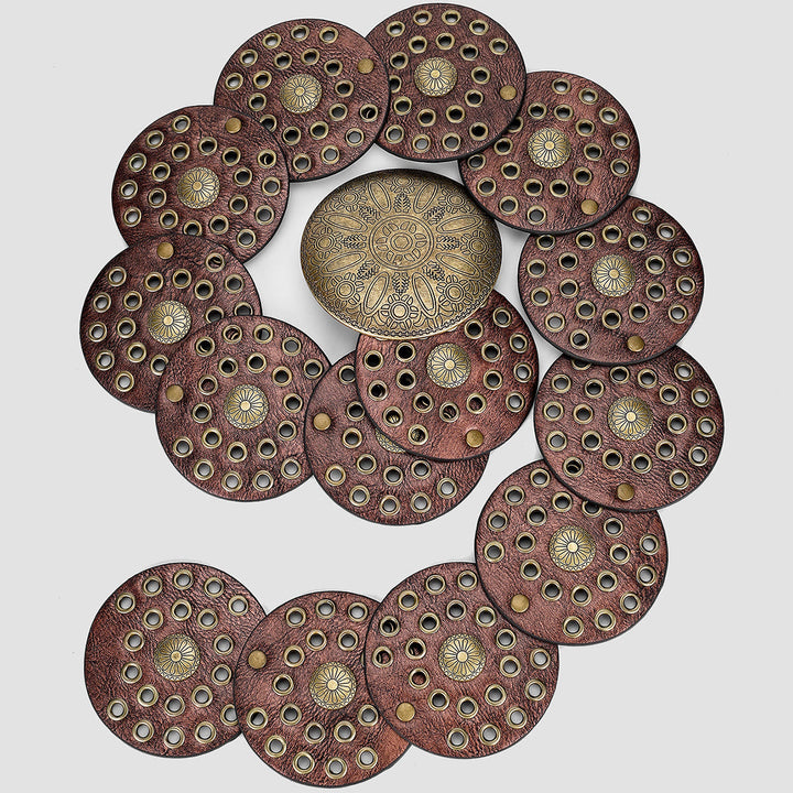 Cinturón de cuero para mujer con diseño circular hueco exagerado de estilo retro occidental - Marrón - image 2