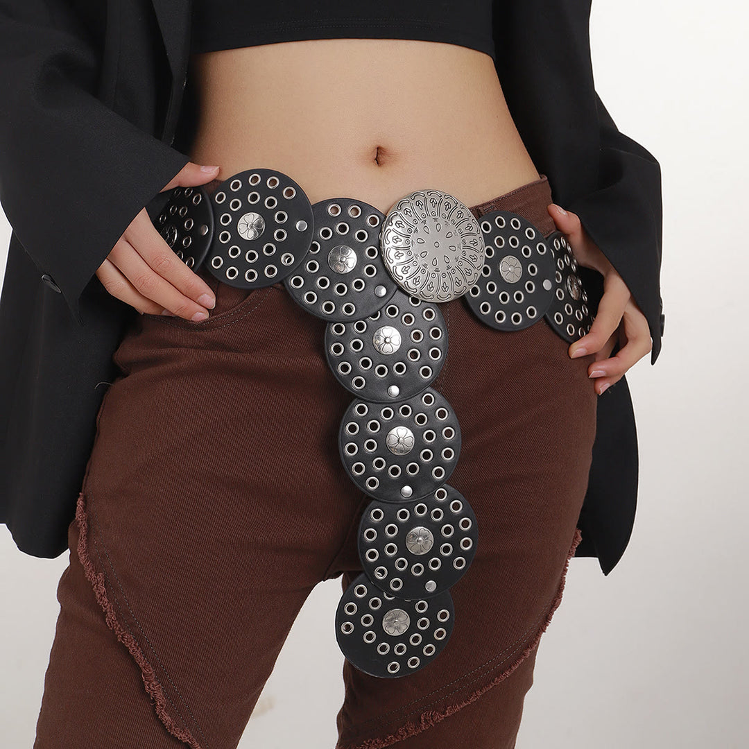 Cinturón de cuero para mujer con disco hueco de plata estilo occidental - Negro - image 1