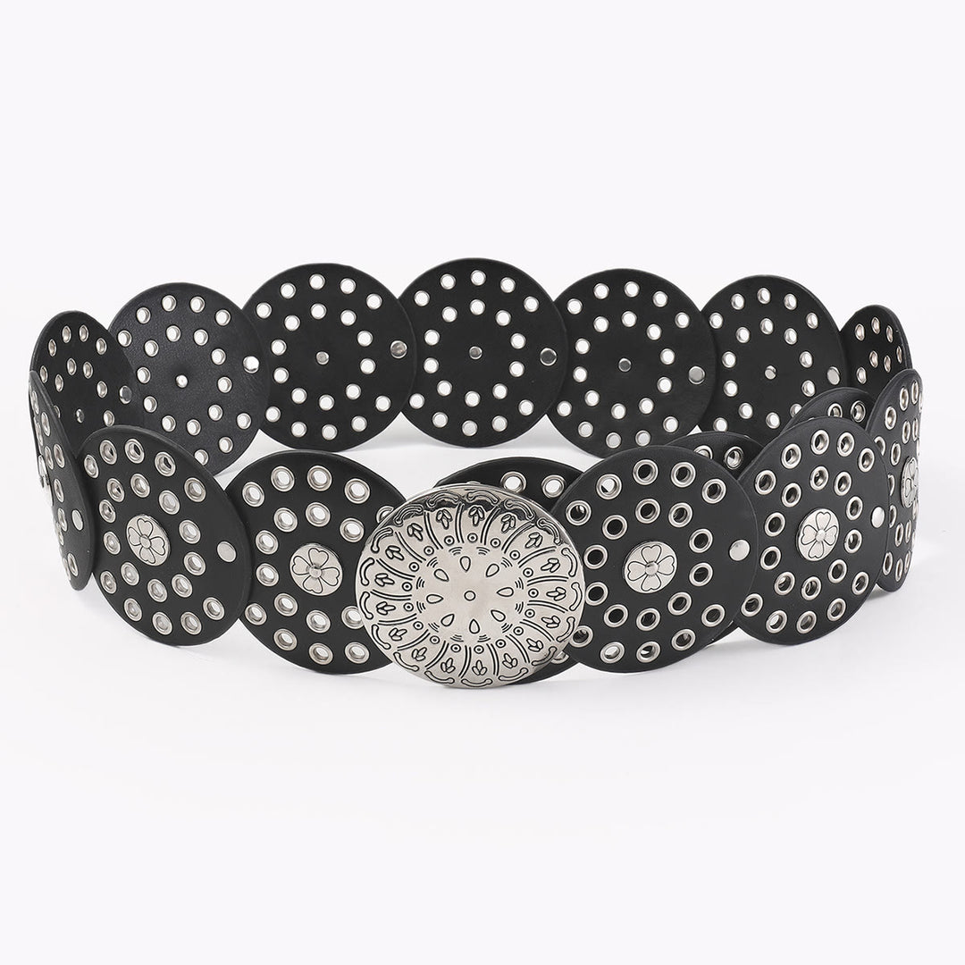 Cinturón de cuero para mujer con disco hueco de plata estilo occidental - image 3