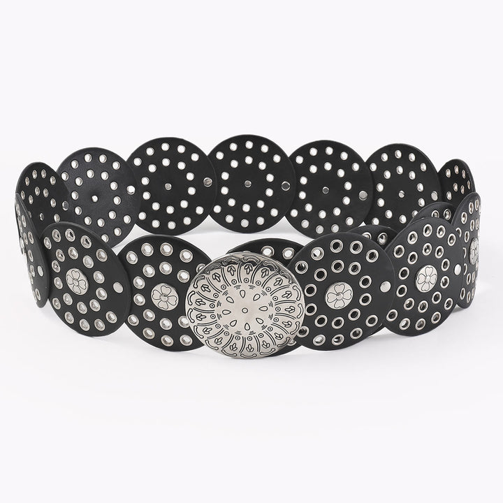 Cinturón de cuero para mujer con disco hueco de plata estilo occidental - image 3