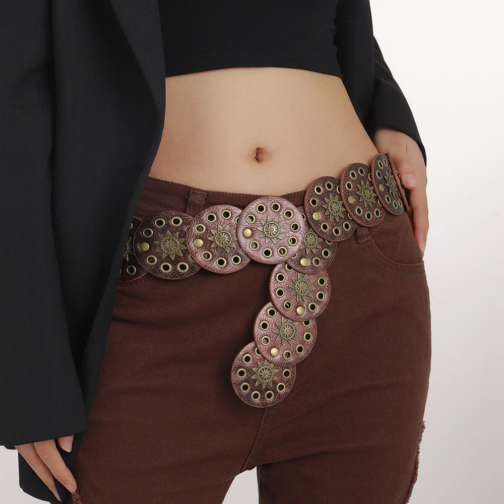 Cinturón de cuero circular hueco estilo retro urbano color café para mujer - image 2