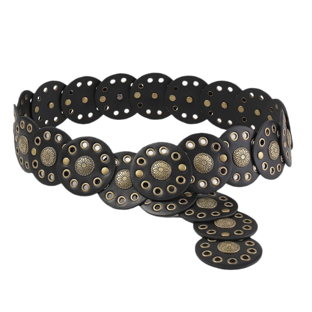 Cinturón de cuero negro circular retro hueco para mujer - image 3