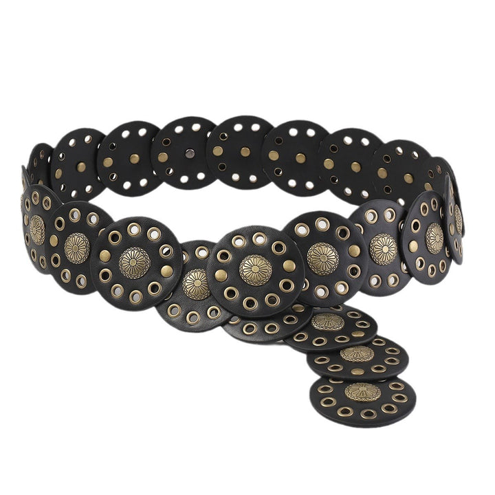 Cinturón de cuero negro circular retro hueco para mujer - image 3