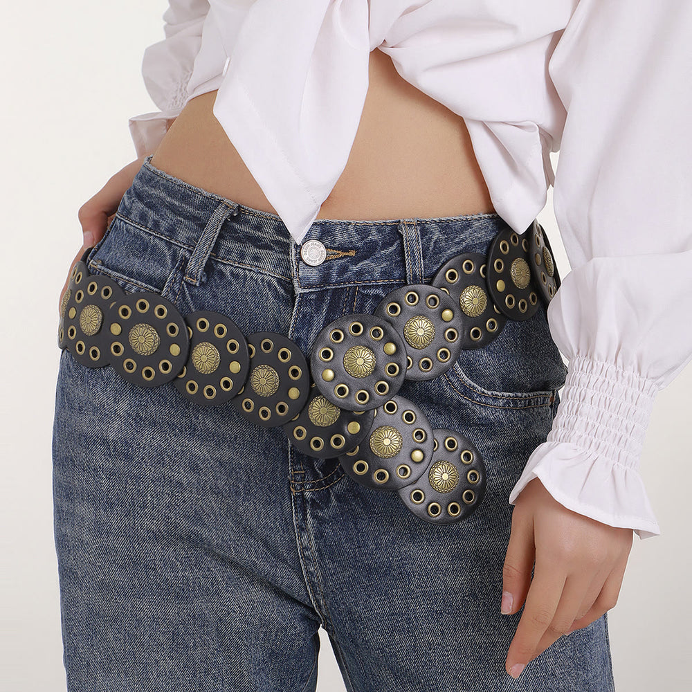 Cinturón de cuero negro circular retro hueco para mujer - image 2