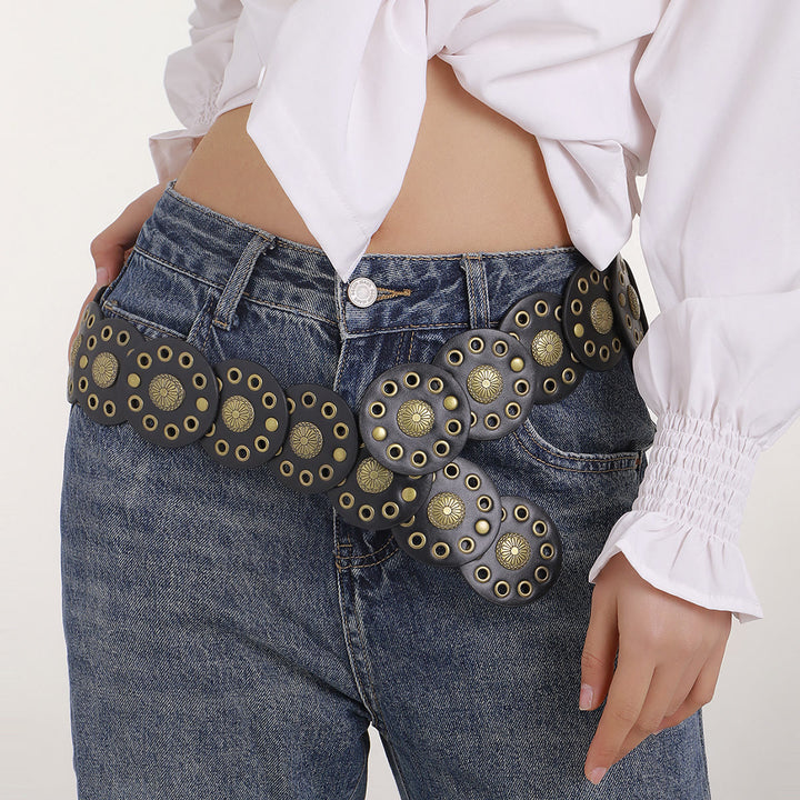 Cinturón de cuero negro circular retro hueco para mujer - image 2