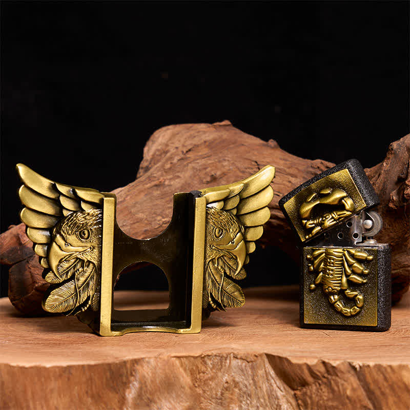 Cinturón de cuero con águila y escoba de bronce para hombre, hecho a mano, con encendedor oculto - image 2