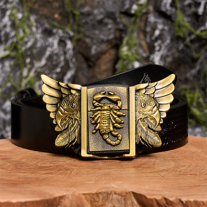 Cinturón de cuero con águila y escoba de bronce para hombre, hecho a mano, con encendedor oculto - Scopion y Eagle - Cinturón de águila negra en relieve - 42 - image 3