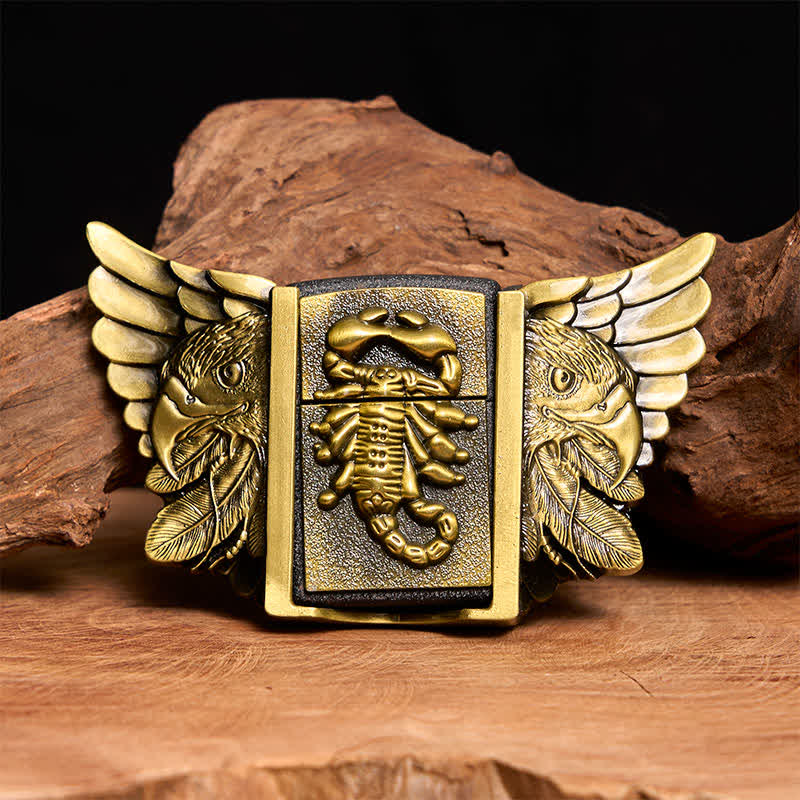 Cinturón de cuero con águila y escoba de bronce para hombre, hecho a mano, con encendedor oculto - Scopion y Eagle - Sin cinturón - Cinturón no incluido - image 1