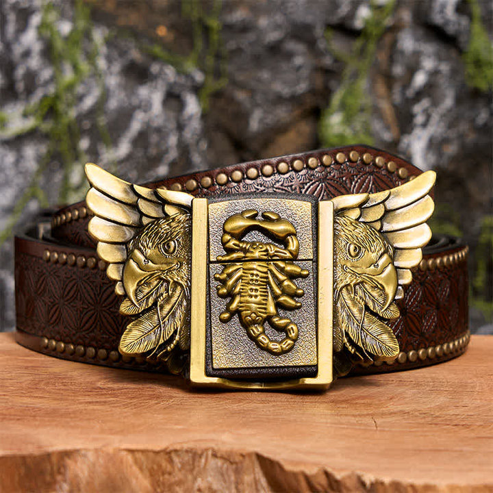 Cinturón de cuero con águila y escoba de bronce para hombre, hecho a mano, con encendedor oculto - Scopion y Eagle - Cinturón con remaches marrones - 42 - image 8