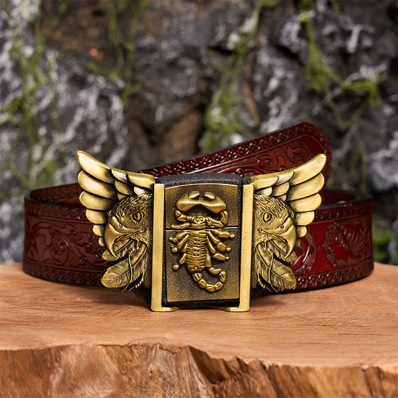 Cinturón de cuero con águila y escoba de bronce para hombre, hecho a mano, con encendedor oculto - Scopion y Eagle - Cinturón tallado marrón - 42 - image 10