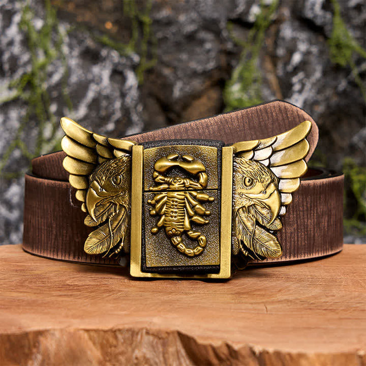 Cinturón de cuero con águila y escoba de bronce para hombre, hecho a mano, con encendedor oculto - Scopion y Eagle - Cinturón marrón desgastado - 42 - image 9