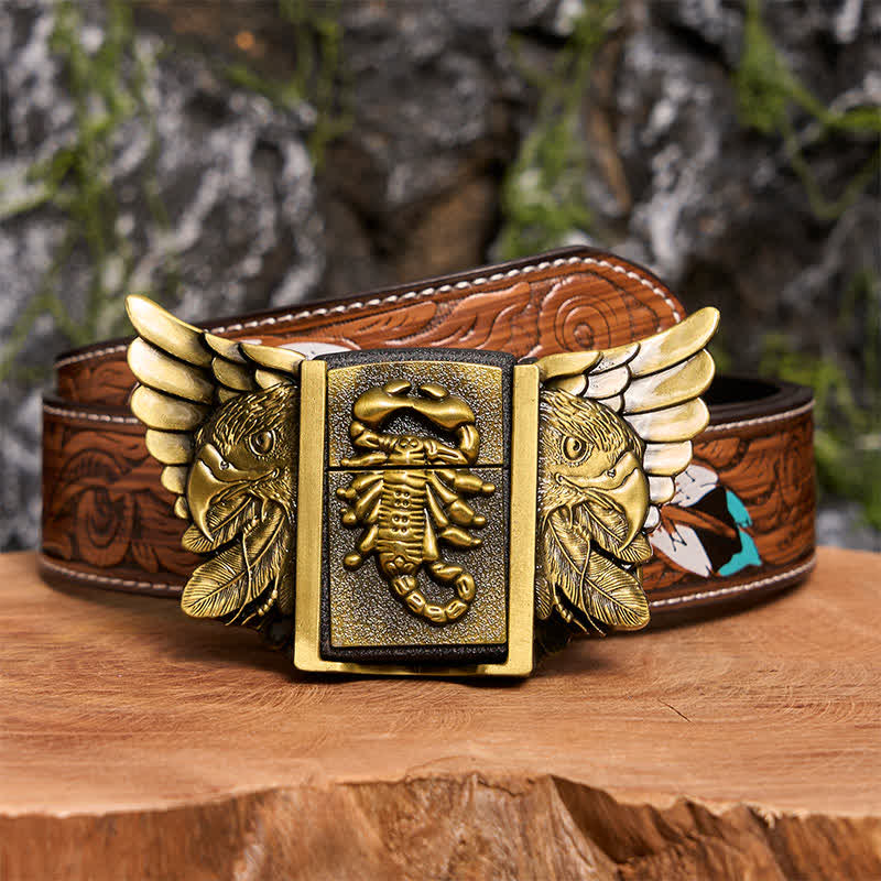 Cinturón de cuero con águila y escoba de bronce para hombre, hecho a mano, con encendedor oculto - Scopion y Eagle - Cinturón de plumas marrones - 40 - image 11