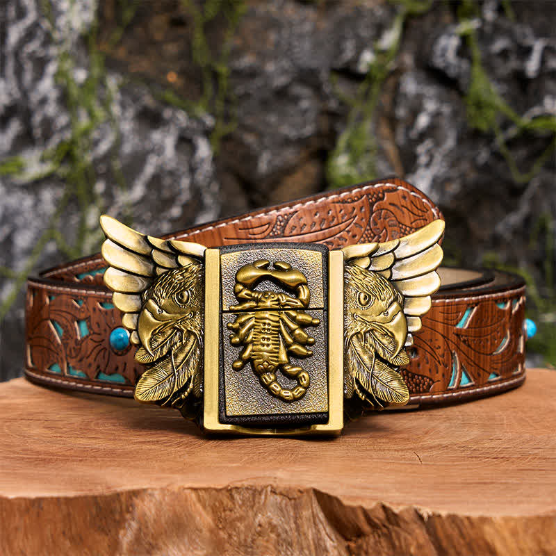 Cinturón de cuero con águila y escoba de bronce para hombre, hecho a mano, con encendedor oculto - Scopion y Eagle - Cinturón tallado en turquesa - 42 - image 7