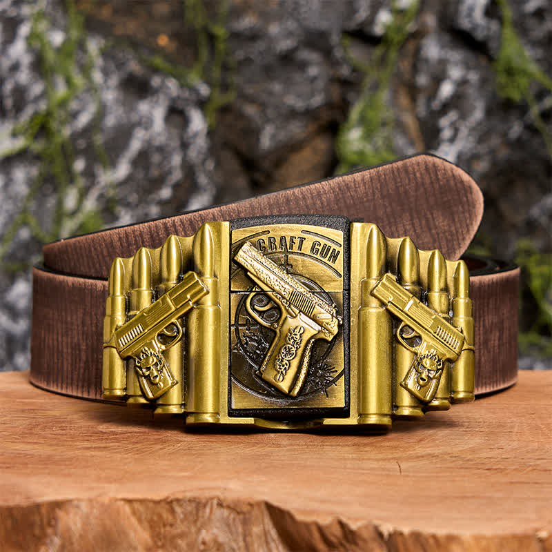 Cinturón de cuero con diseño de pistola y bala de bronce para hombre, con encendedor oculto, hecho a mano - Pistola - Cinturón marrón desgastado - 42 - image 9