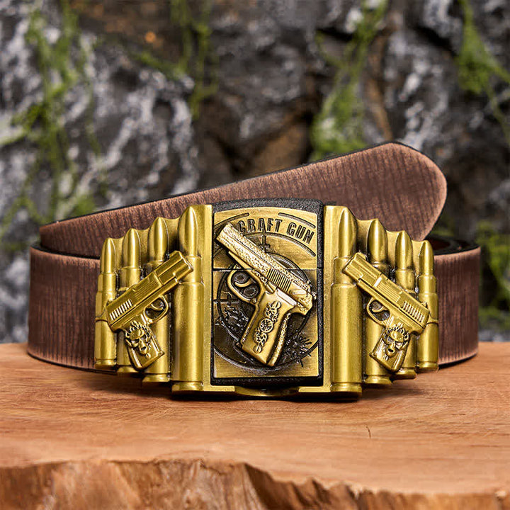 Cinturón de cuero con diseño de pistola y bala de bronce para hombre, con encendedor oculto, hecho a mano - Pistola - Cinturón marrón desgastado - 42 - image 9