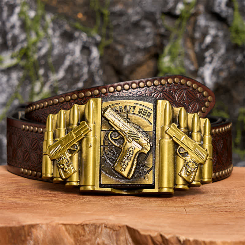 Cinturón de cuero con diseño de pistola y bala de bronce para hombre, con encendedor oculto, hecho a mano - Pistola - Cinturón con remaches marrones - 42 - image 8