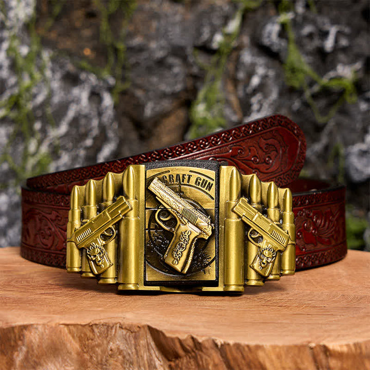 Cinturón de cuero con diseño de pistola y bala de bronce para hombre, con encendedor oculto, hecho a mano - Pistola - Cinturón tallado marrón - 42 - image 10