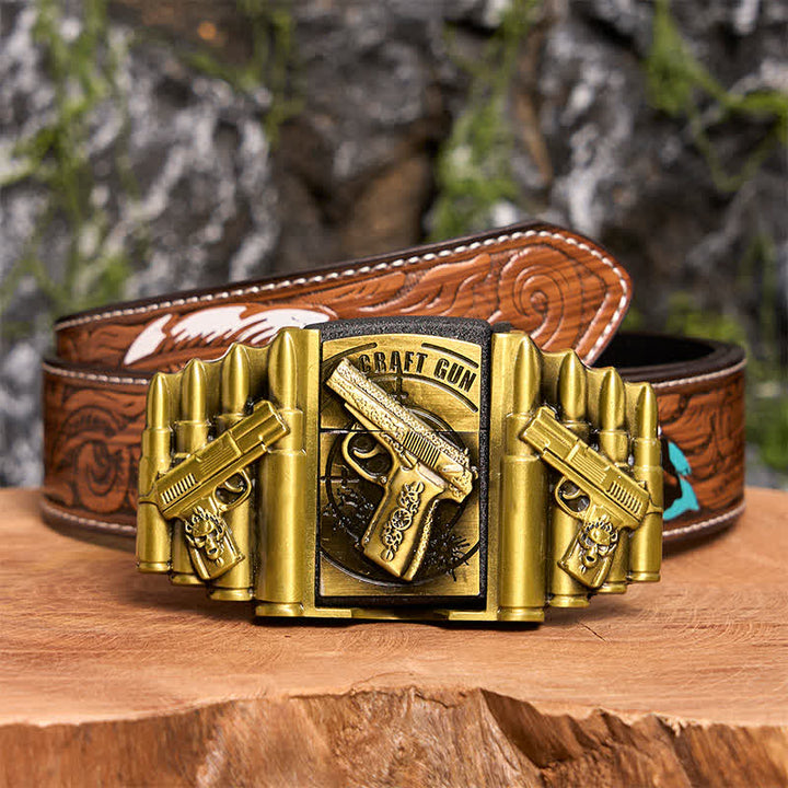 Cinturón de cuero con diseño de pistola y bala de bronce para hombre, con encendedor oculto, hecho a mano - Pistola - Cinturón de plumas marrones - 40 - image 11